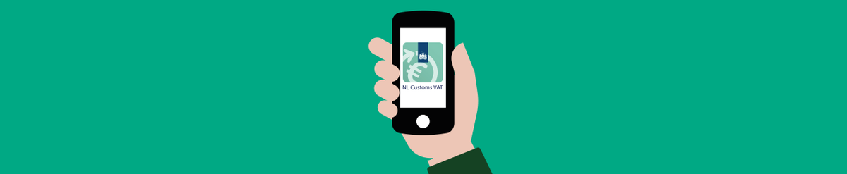 VAT return banner - hand holding smartphone with NL Customs VAT app